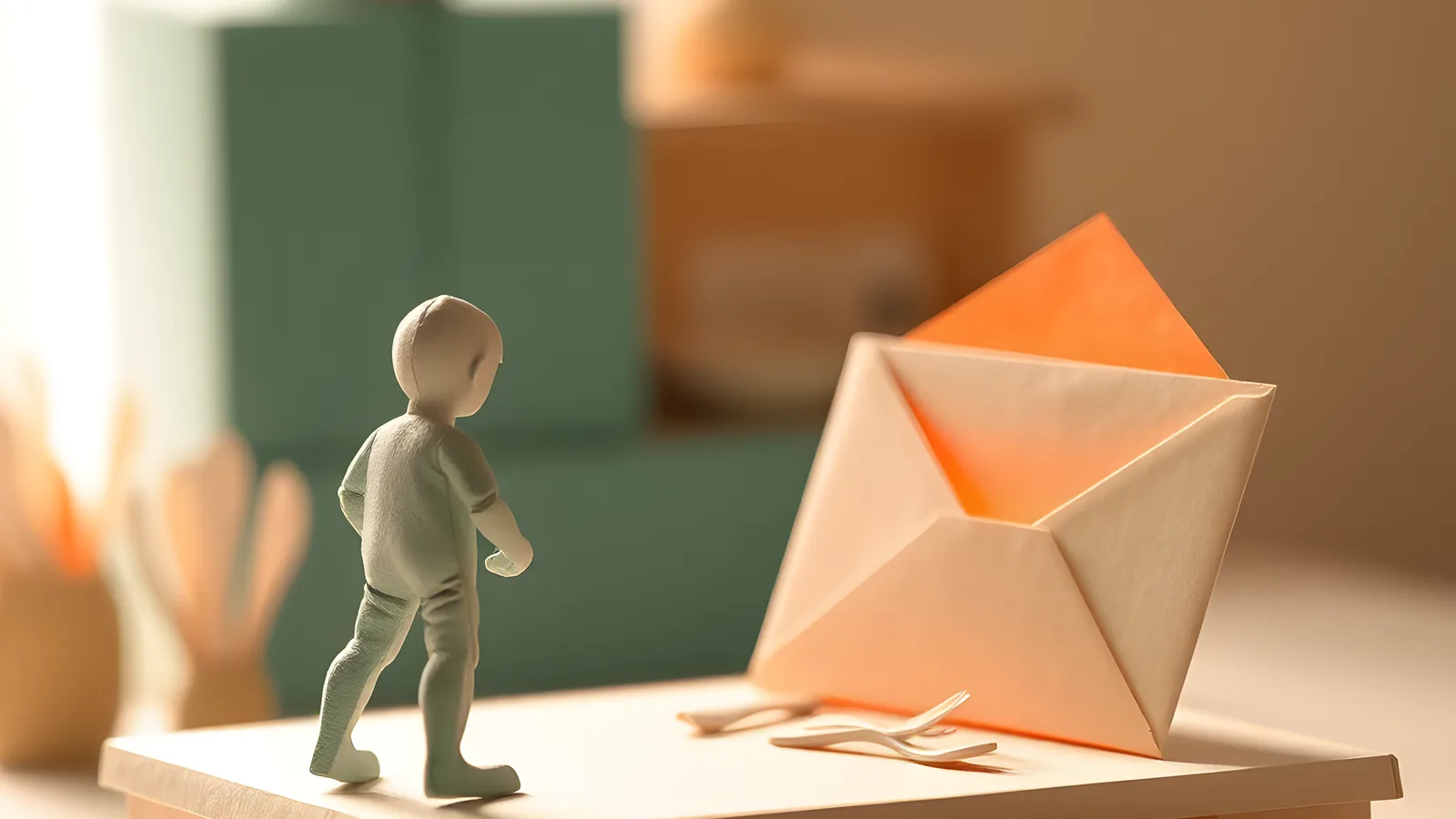 A small cream paper figure stands turned away at a paper kitchen bench, meticulously straightening a perfectly even row of tiny cream paper cutlery, utterly absorbed. Behind them…