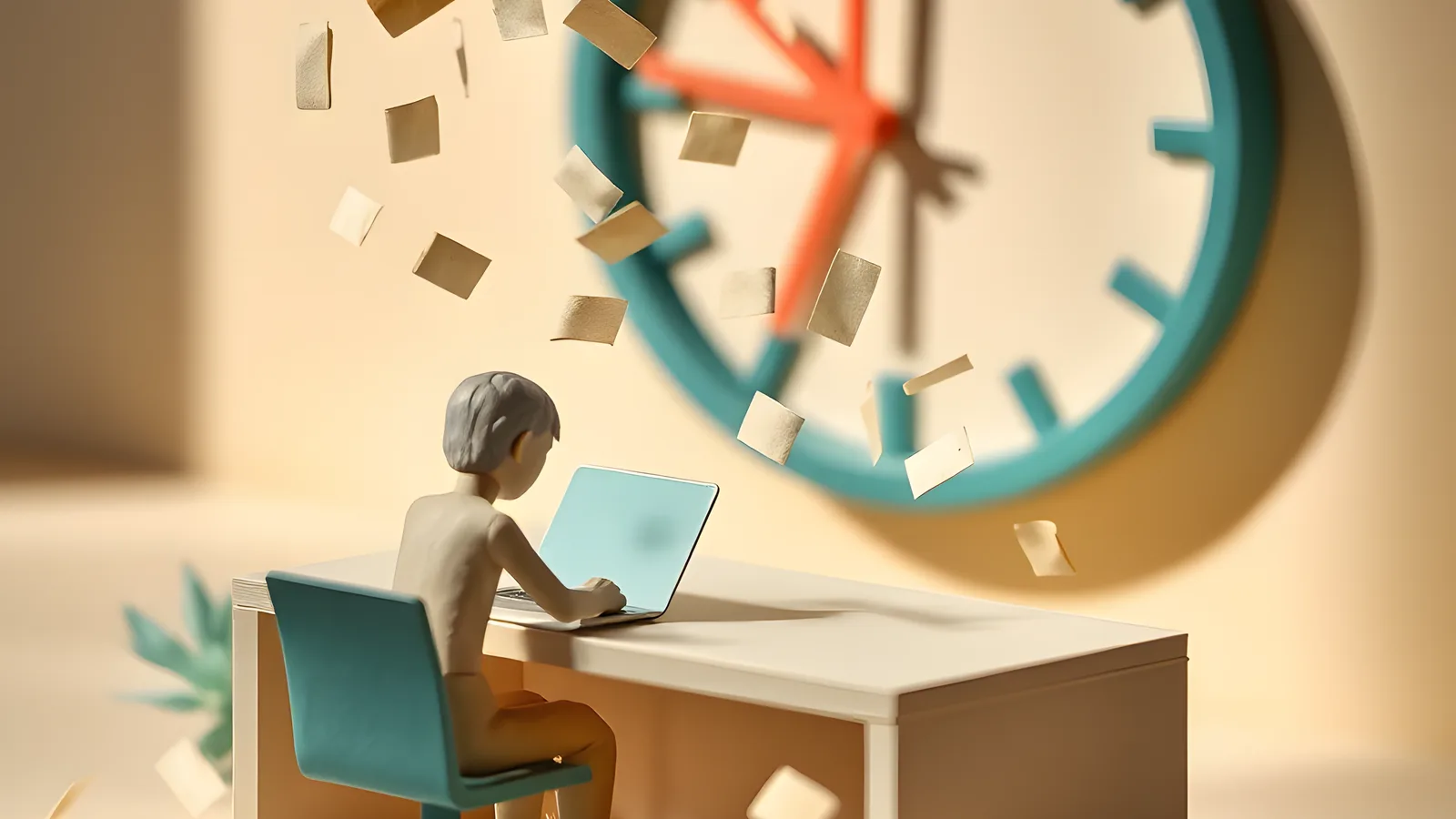 Paper-craft scene: a cream paper figure hunched at a laptop as blank paper browser tabs cascade off the desk, a blurred paper clock behind them.