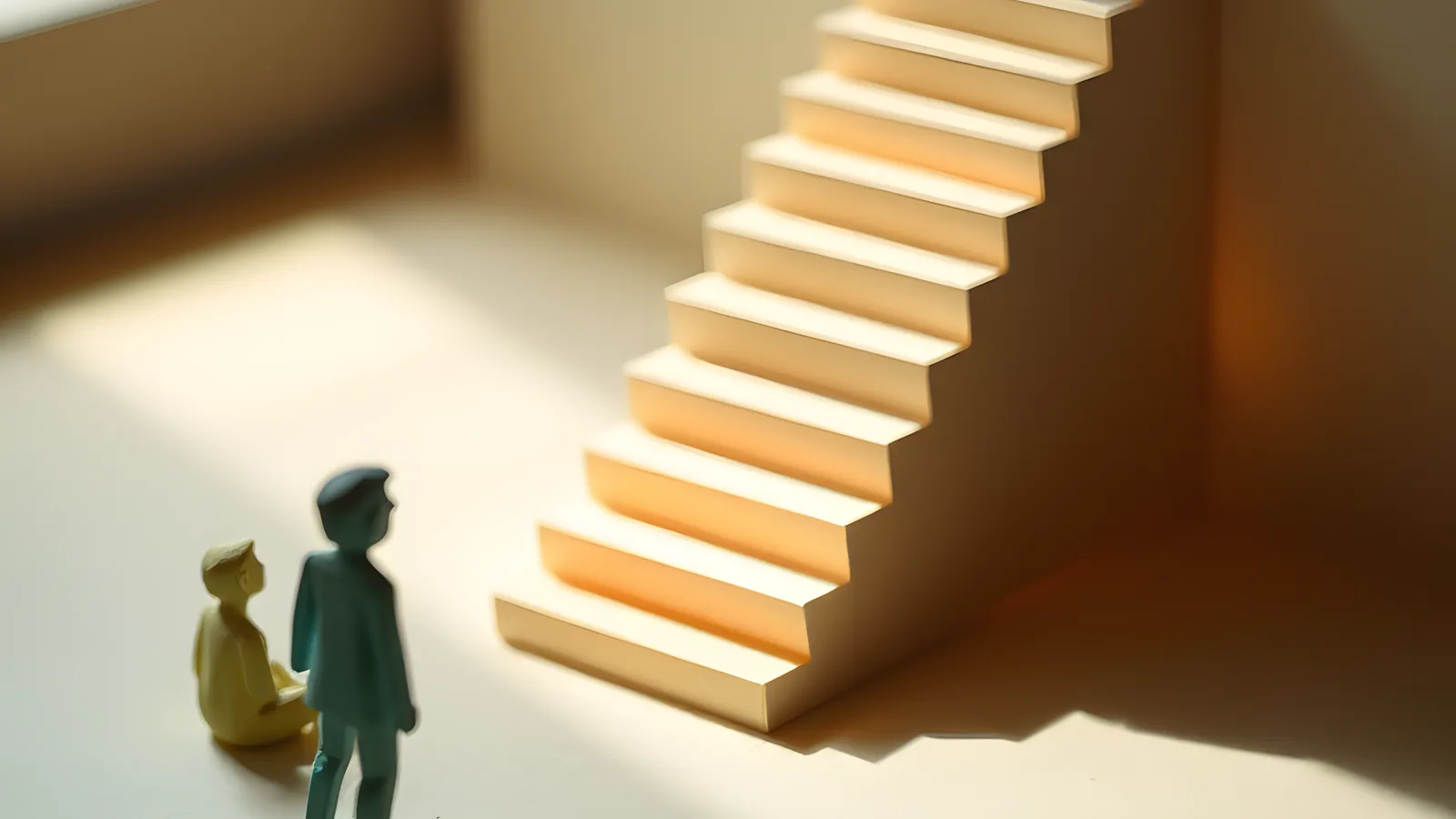 Paper-craft scene: a tiny paper figure steps onto a single glowing coral first step at the foot of a huge staircase, while a second figure sits quietly nearby.