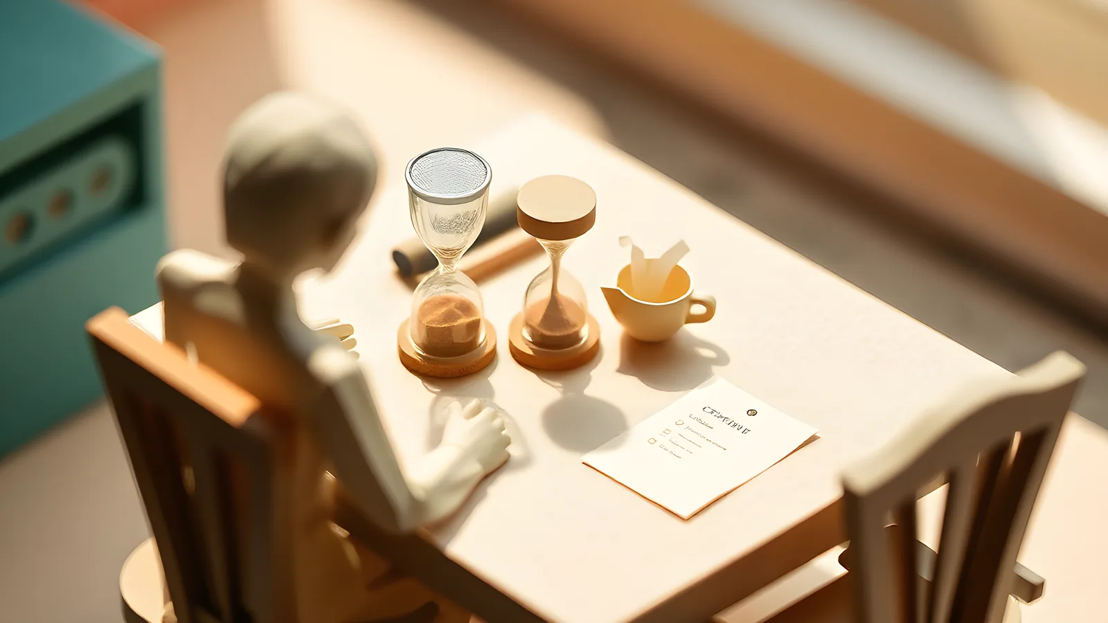 Paper-craft scene: a paper figure seen from behind at a tidy desk with a coral hourglass, a steaming cup of coffee, and one small list.