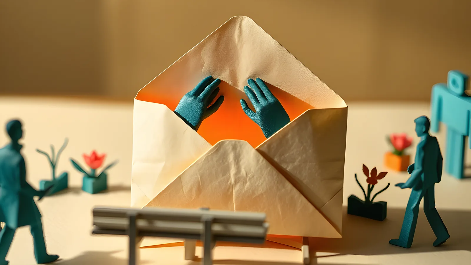 Paper-craft scene: paper hands lift the flap of the same envelope from the opening, a harmless warm coral glow spilling out.
