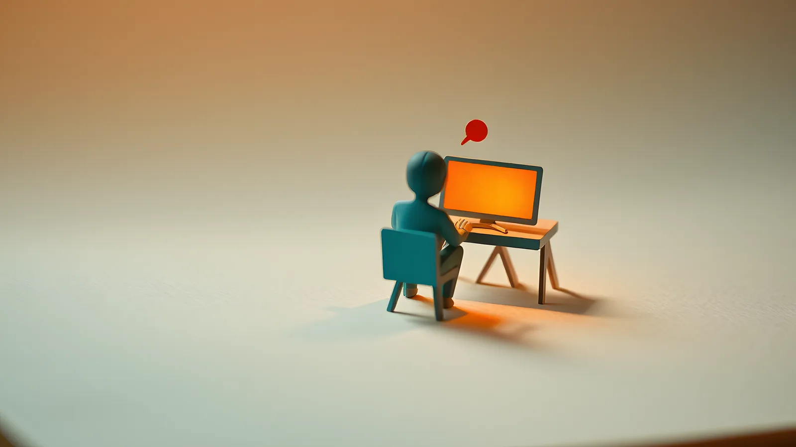 Paper-craft scene: a cream paper figure sits at a small desk in the evening, lit by the glow of a teal paper screen, scattered paper note scraps drifting around them.