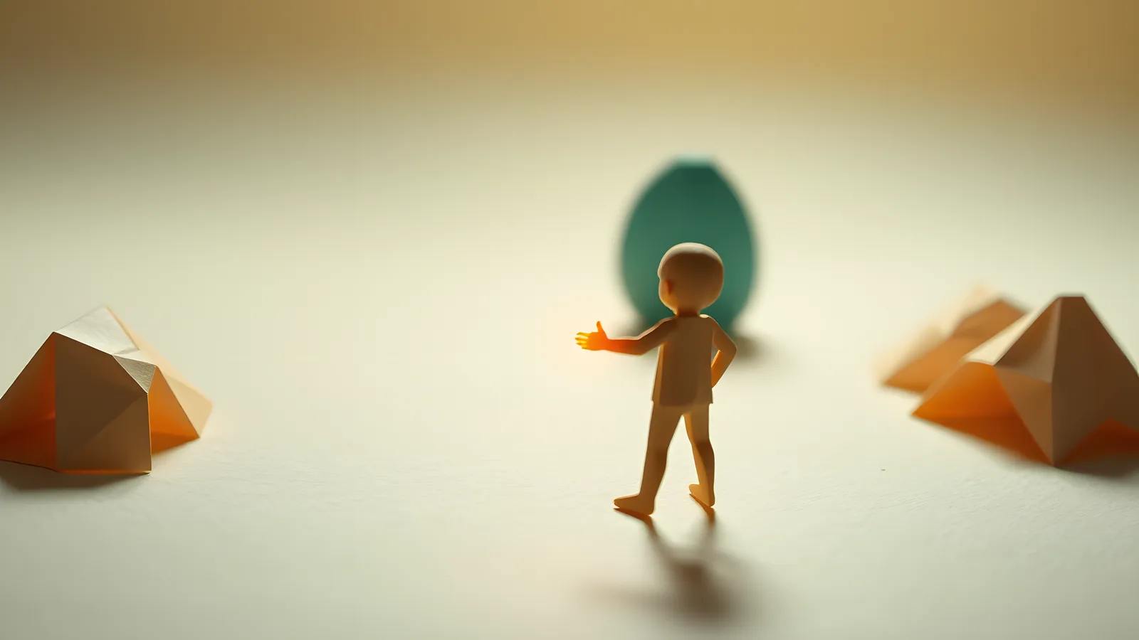 Paper-craft scene: a cream paper figure reaches for a bright coral paper spark held close in front of them, while a larger faded teal paper shape sits ignored in the distant background.