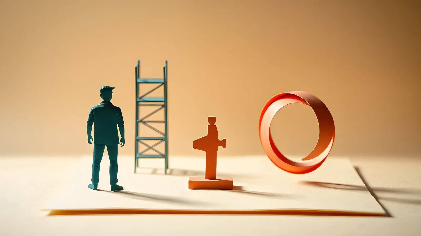 Paper-craft scene: a single coral paper lever on a shared base, a supportive teal paper scaffold rising on one side and an endless coral paper loop spiralling on the other.