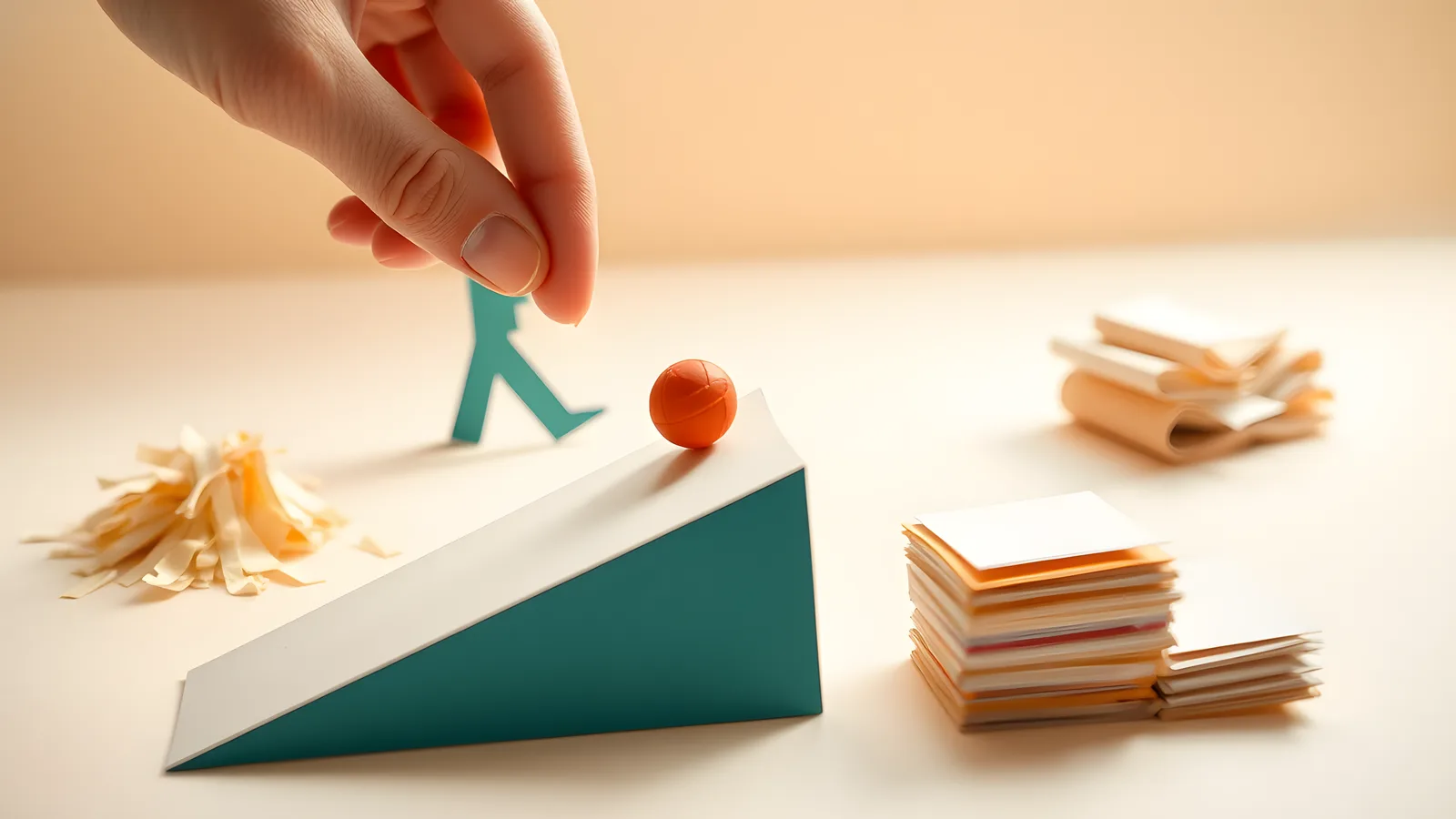 Paper-craft scene: a cream paper hand nudges a small coral paper ball at the top of a gently sloping teal paper ramp, while a messy pile of paper scraps funnels into one neat sorted stack.