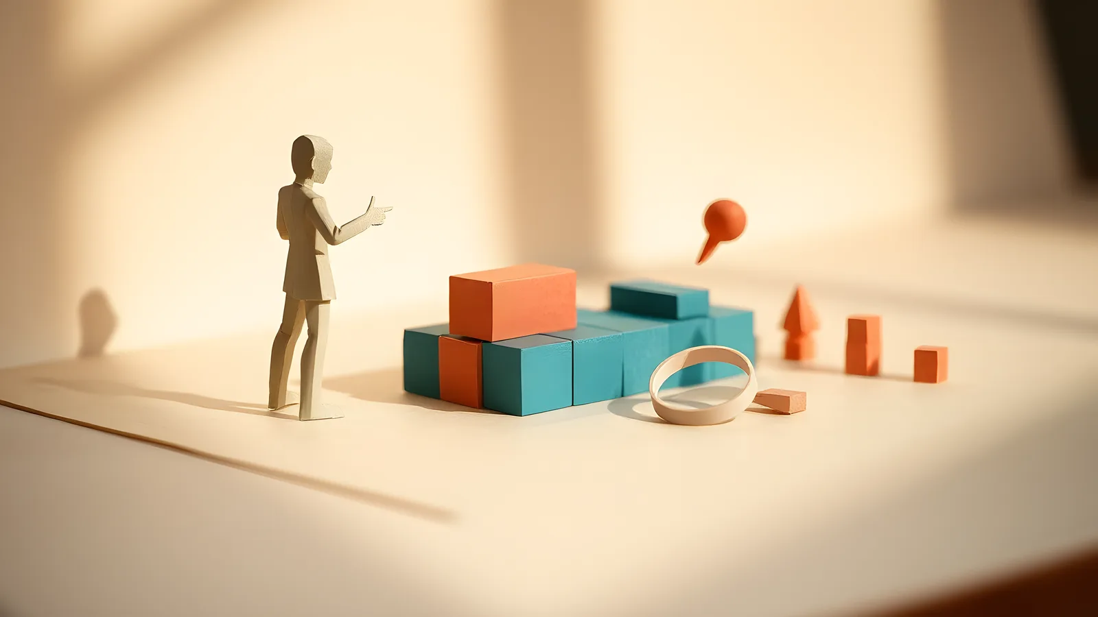 Paper-craft scene: a cream paper figure points as small teal and cream paper blocks assemble into a neat building, a soft coral paper magnifying glass hovering nearby.