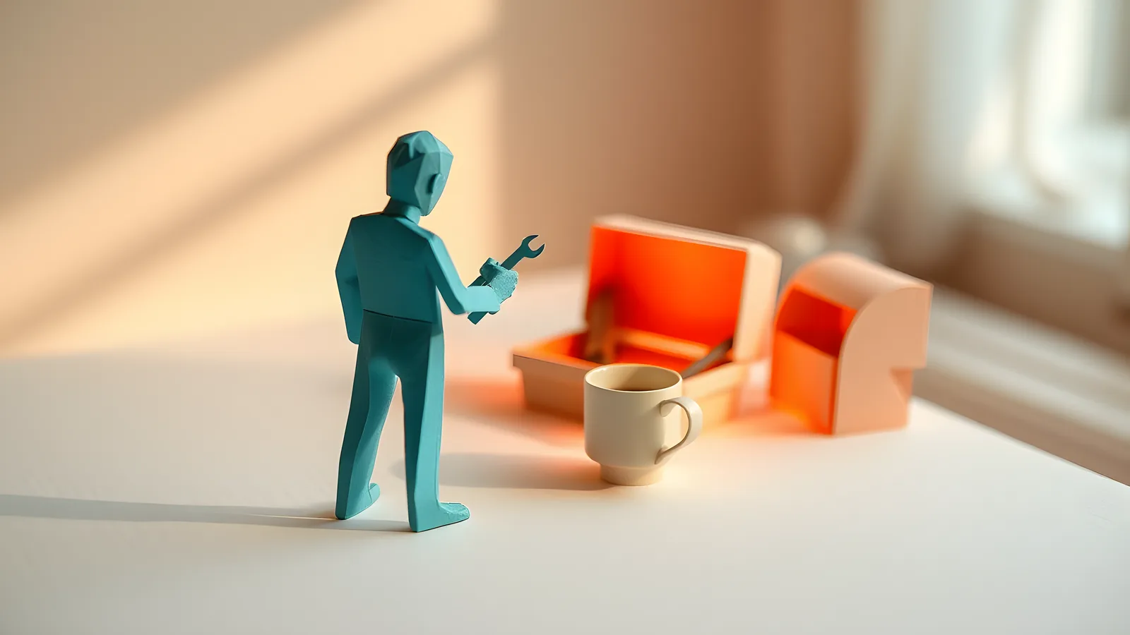 Paper-craft scene: a calm cream paper figure sets a small teal paper tool back into an open paper toolbox, a tiny paper coffee cup beside them, warm coral glow around the scene.