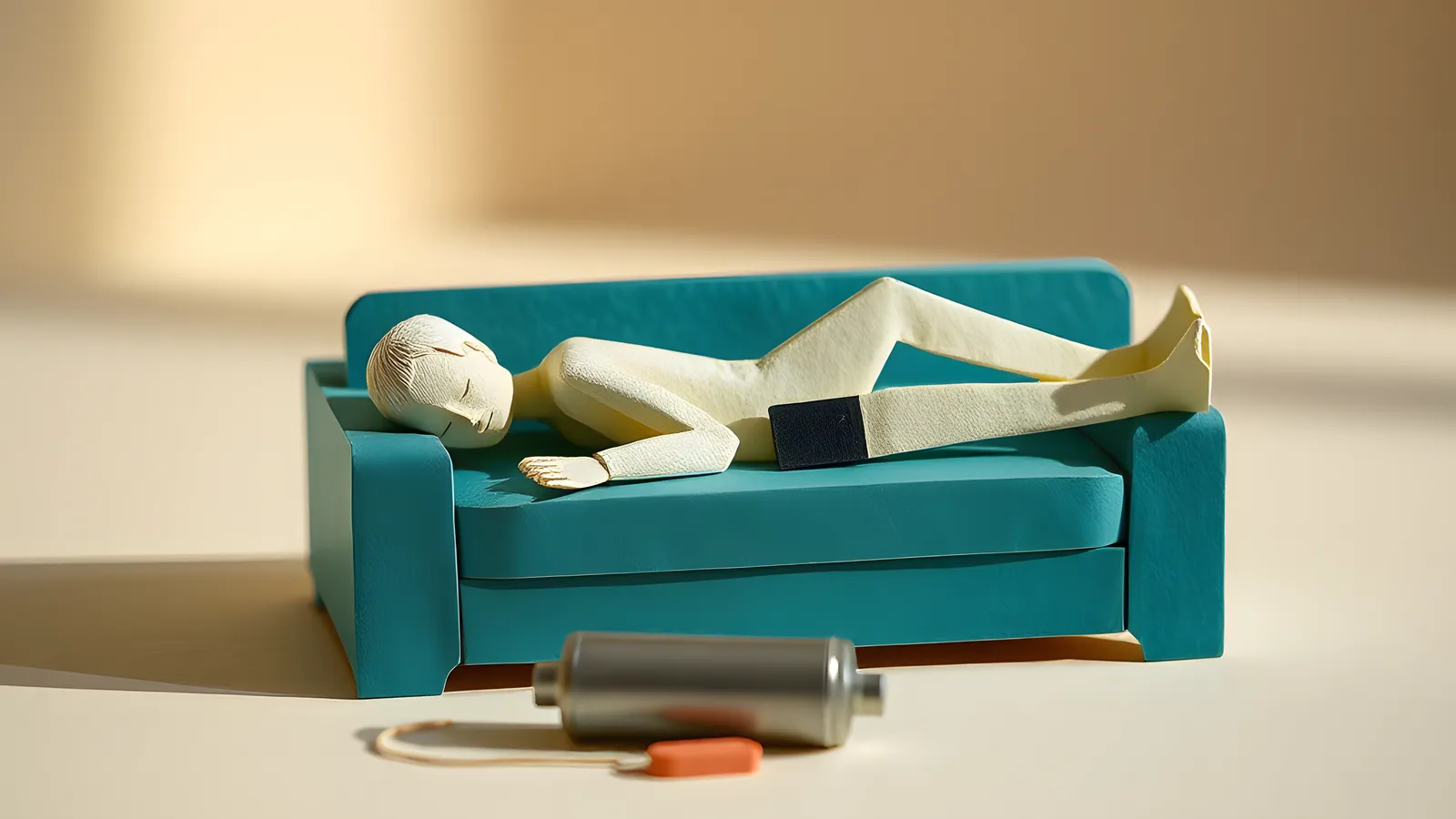 A cream paper human figure lying face-down and limp on a low teal paper couch, utterly depleted. Beside the couch a small sculpted paper battery stands at roughly one percent, a…
