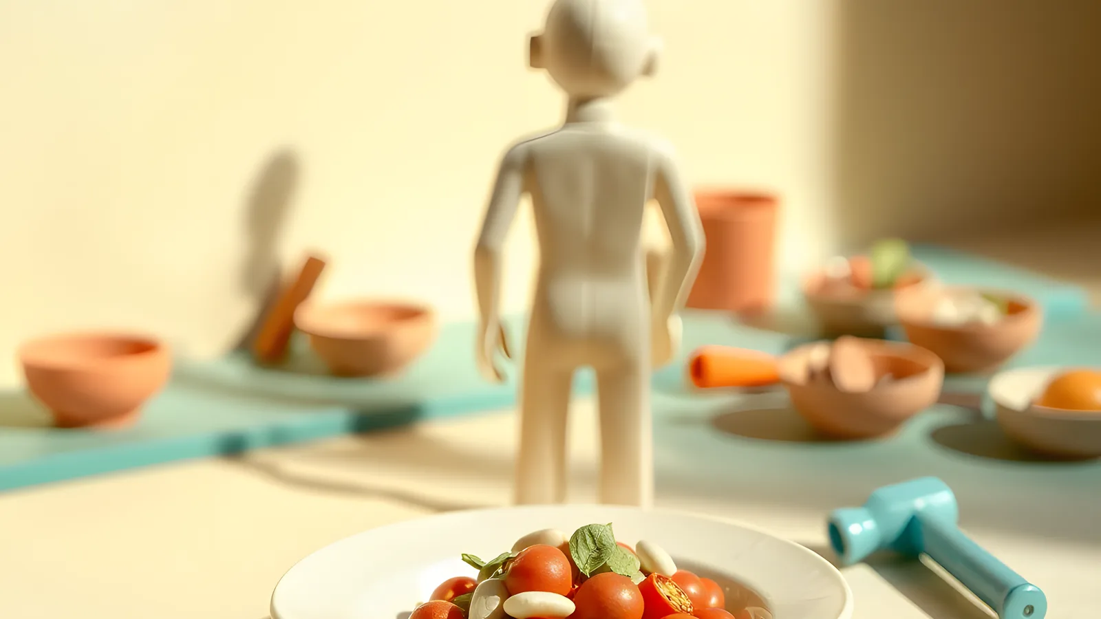Paper-craft scene: a single cream paper plate piled with many different sculpted paper foods on a teal buffet counter, separate bowls of food behind it and a small paper hammer resting at the counter's edge.