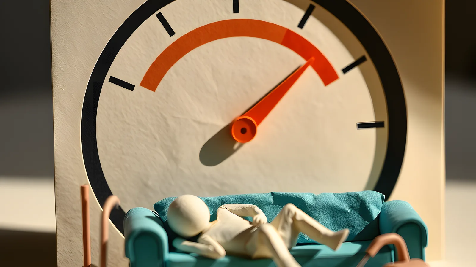 Paper-craft scene: a sculpted paper energy gauge with its coral needle pushed deep into the red, while a small cream paper figure lies collapsed on a teal couch beside an abandoned paper mop and vacuum.
