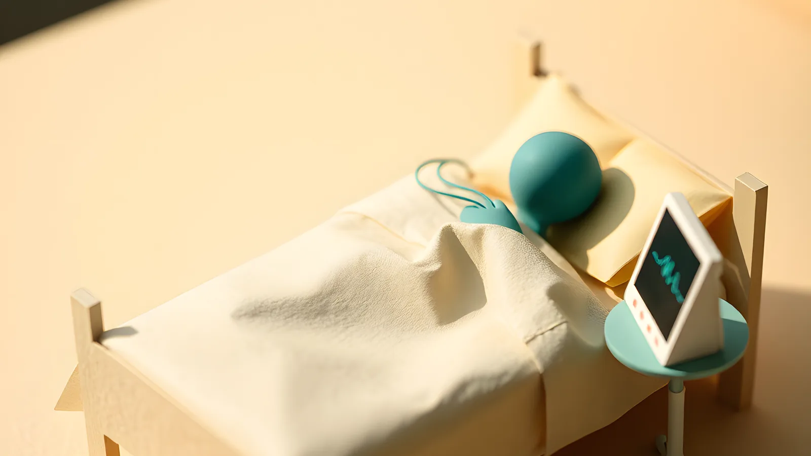 Paper-craft scene: a cream paper figure asleep on its back in a small paper bed under a teal blanket, a fine sensor wire clipped to one finger and trailing to a bedside paper monitor showing a teal heartbeat line.