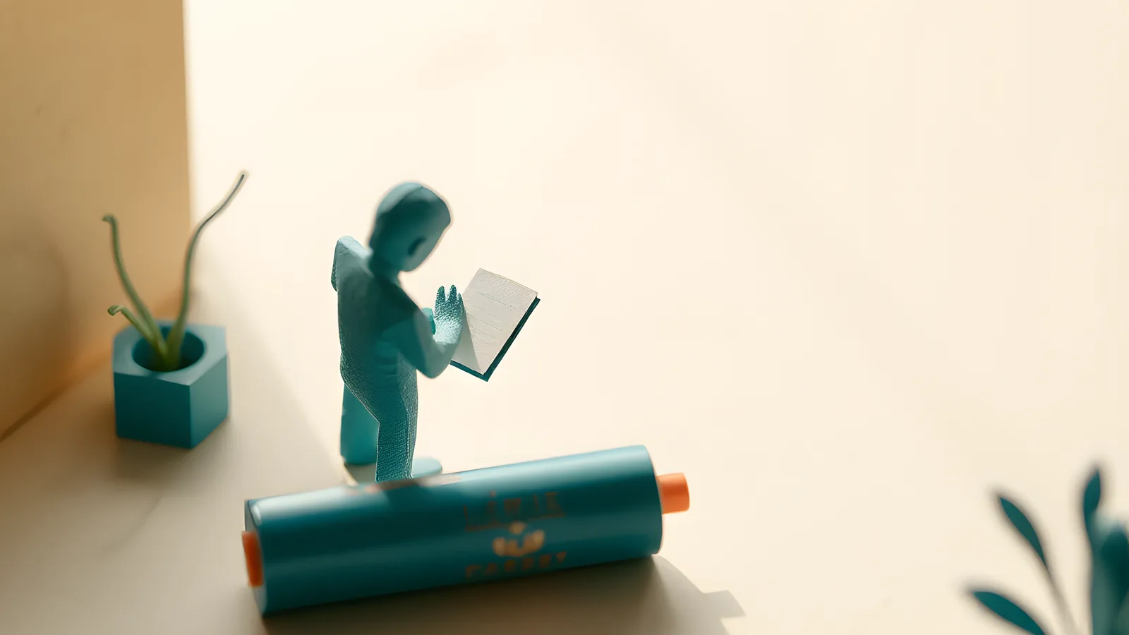 Paper-craft scene: a cream paper figure calmly doing a single task in soft morning light, while a teal paper battery at a moderate level sits nearby with a small coral marker beside it.