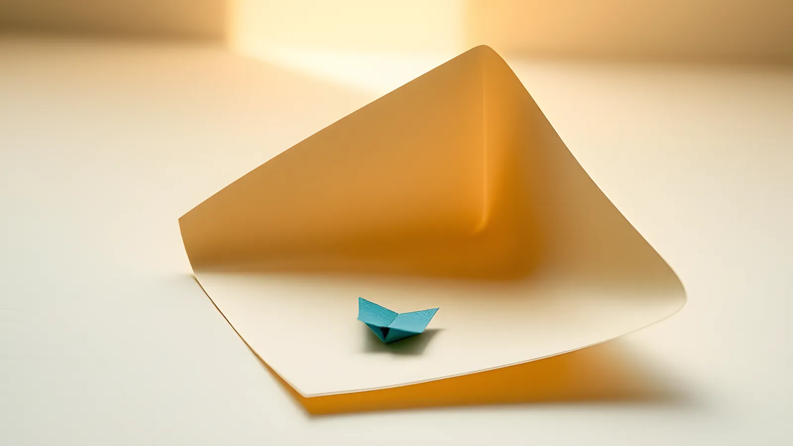 Paper-craft scene: a cream paper figure gently lifts the curled corner of a large flat paper sheet, revealing a small teal paper shape resting quietly in the soft shadow underneath.
