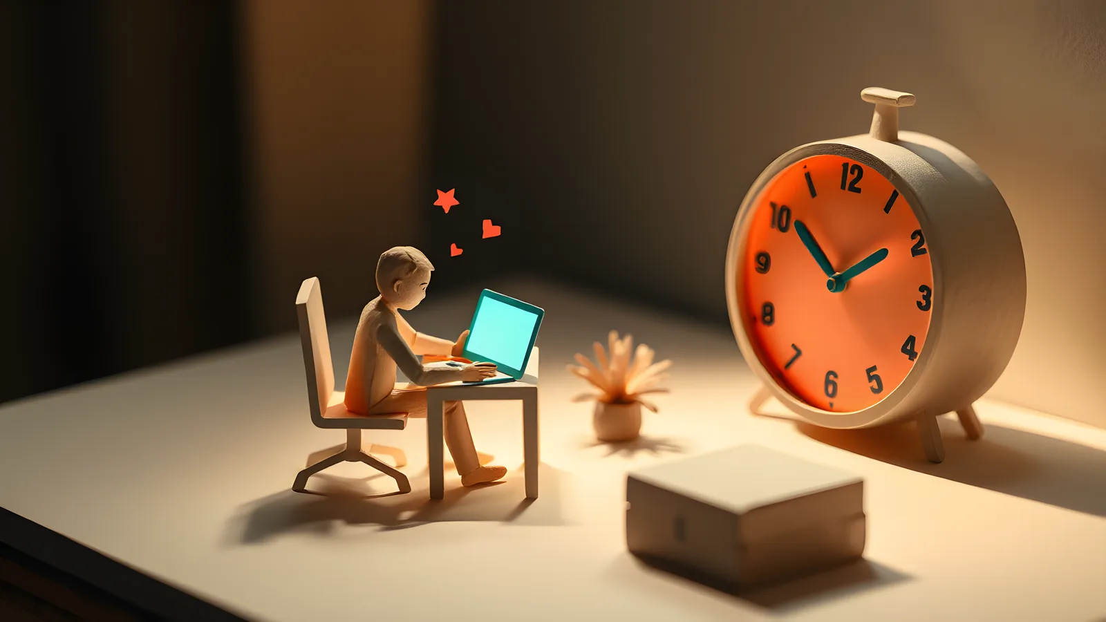 A cream paper figure seated at a cream paper desk in dim warm light. The only illumination comes from a warm coral paper glow emanating from a small teal paper laptop screen.…