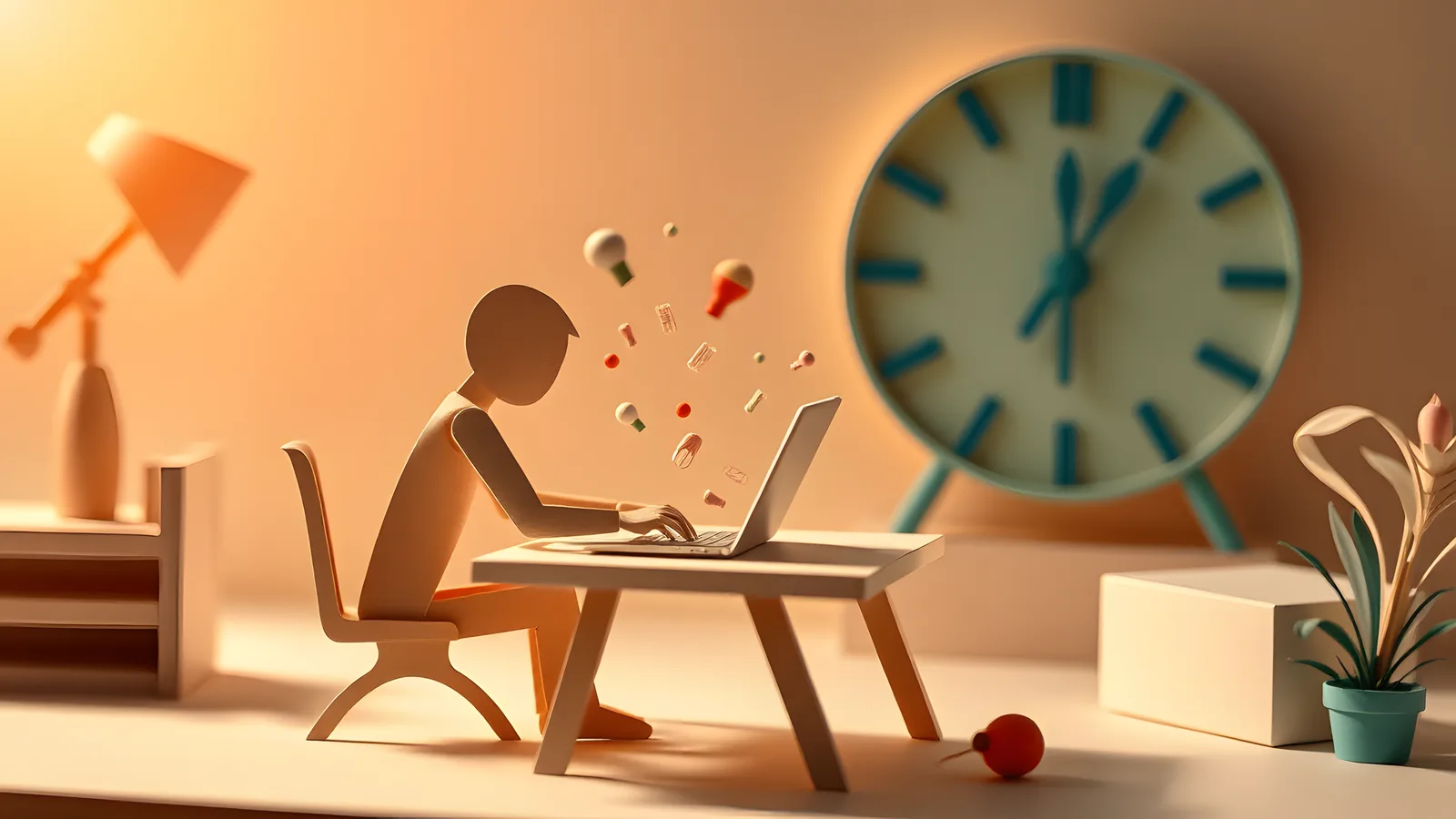 A paper figure at a desk in dim late-night light, leaning forward intently as a cascade of coral paper sparks rises off the page in front of them