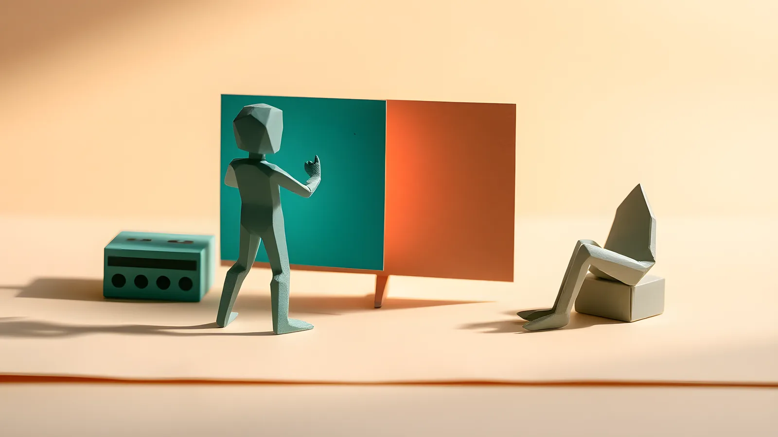 Two paper figures side by side on a desk: the left locked rigid mid-motion, lit by a warm coral pool; the right standing relaxed and neutral