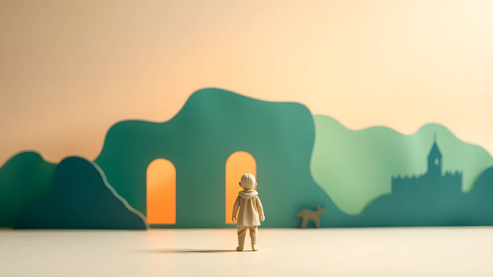 A small paper figure standing in front of a translucent teal paper wall with three doorways, each glowing with warm coral light
