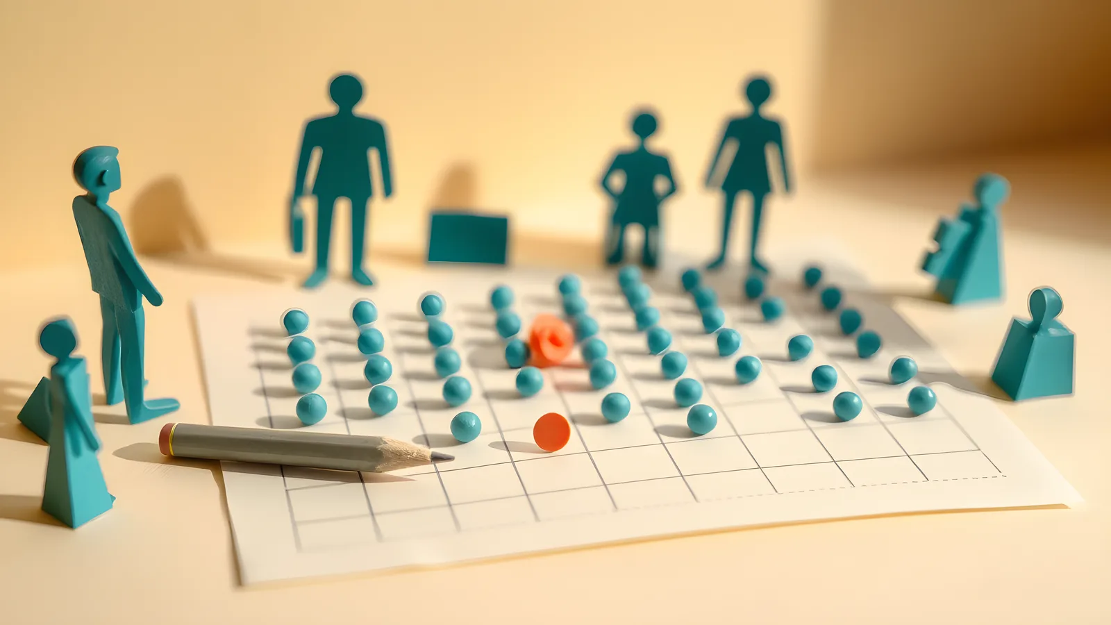A paper grid chart laid flat on a desk, rows of tiny folded paper dots arranged at varying heights to suggest a focus rating chart