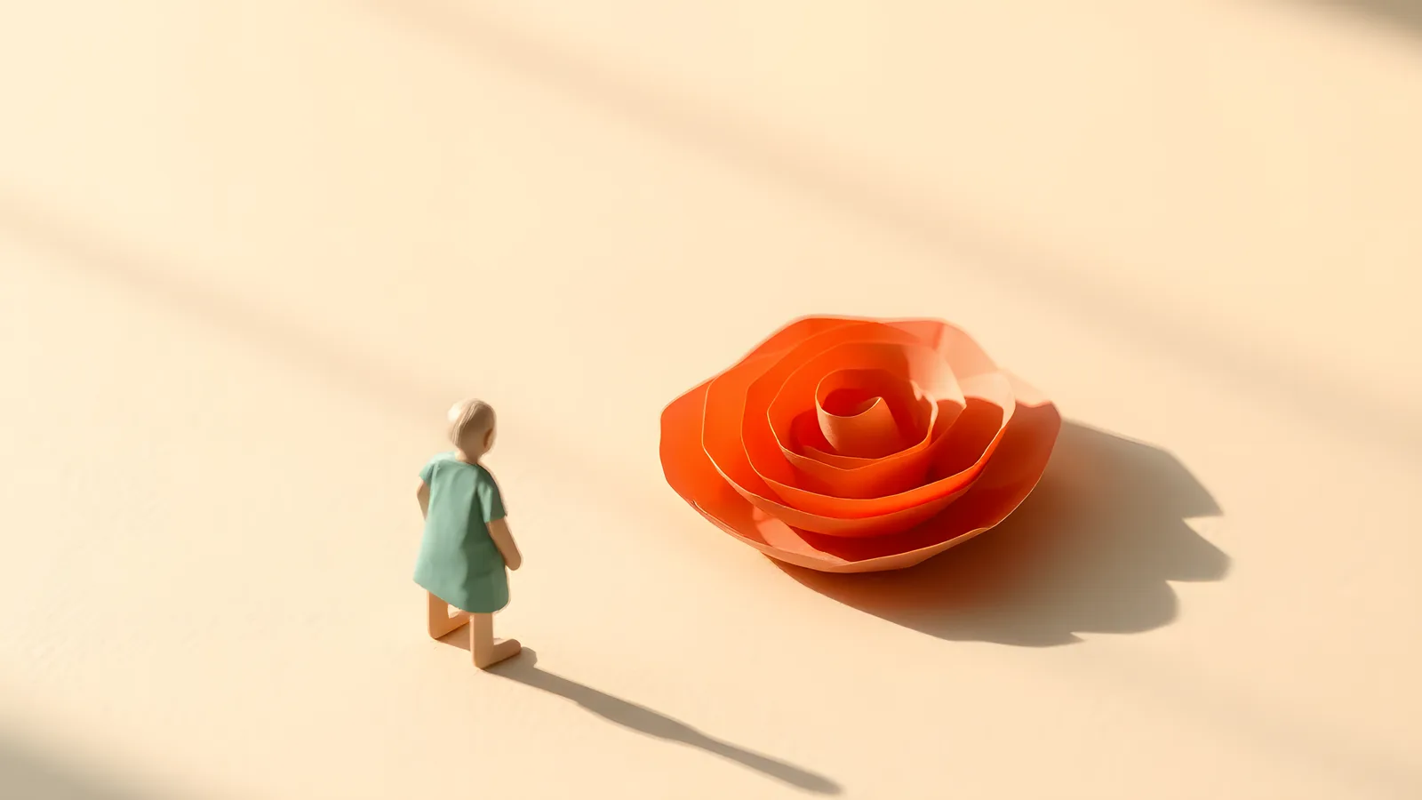 A small cream paper silhouette figure stands in the lower-left third of the frame, one folded paper arm extended forward at chest height with the open palm facing outward. From…