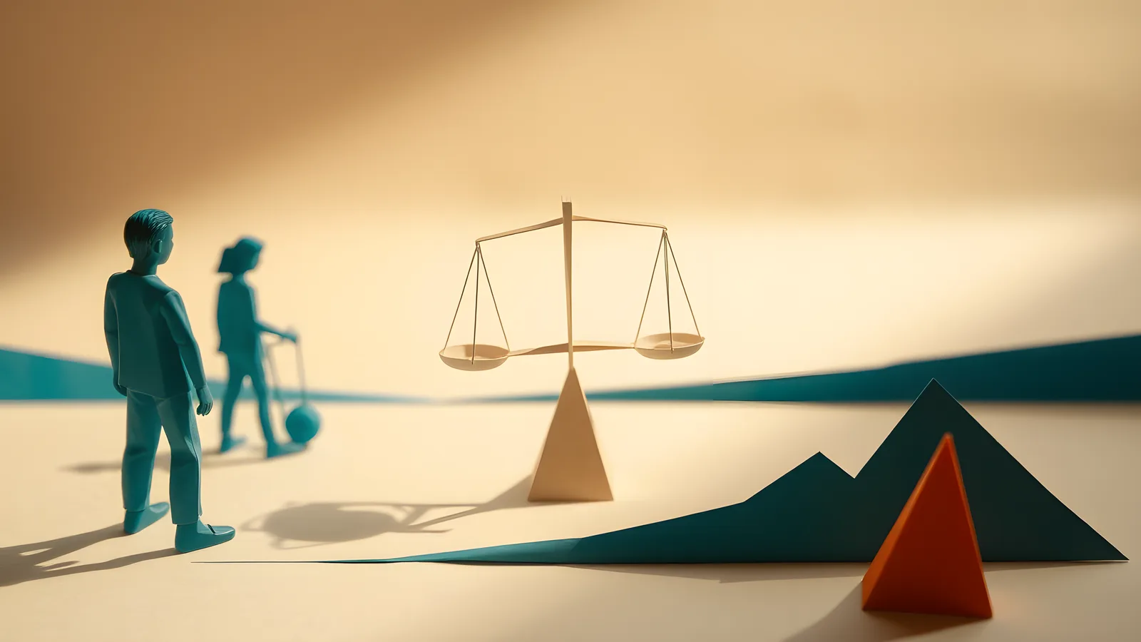 Four-quadrant paper diorama: a brake pedal, a tipping balance scale, an hourglass with coral sand, and a sharp coral heartbeat line
