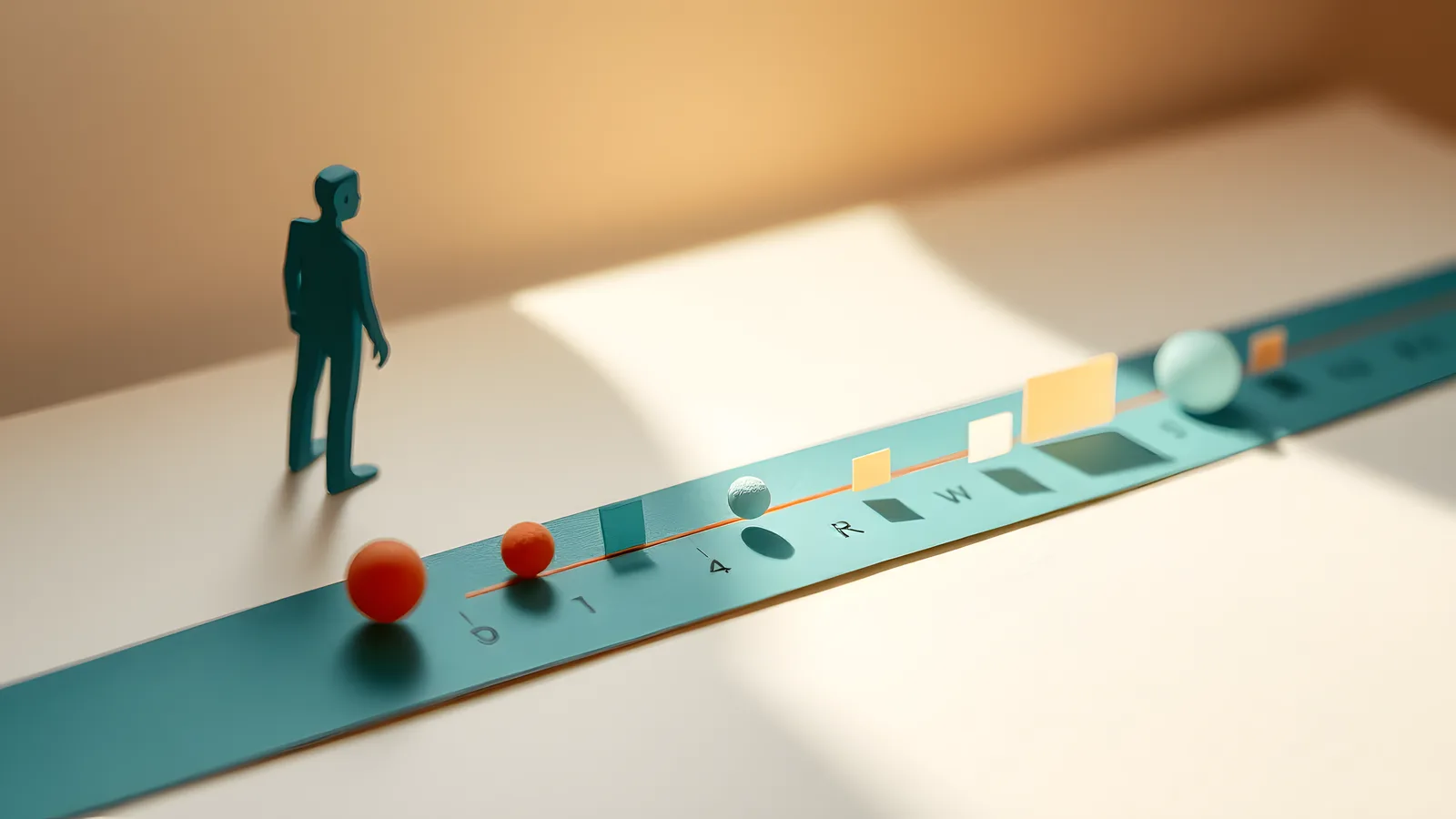 A long teal paper timeline with a solid coral dot anchored at the left, geometric paper shapes shrinking and fading toward the right