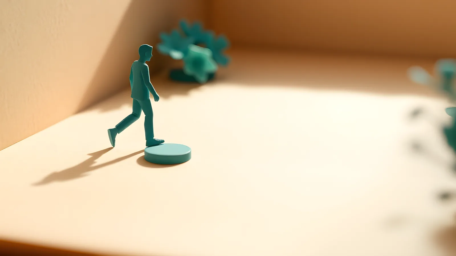 A small cream paper silhouette walker mid-stride pauses at a low rounded teal paper speed-bump on a flat cream paper path