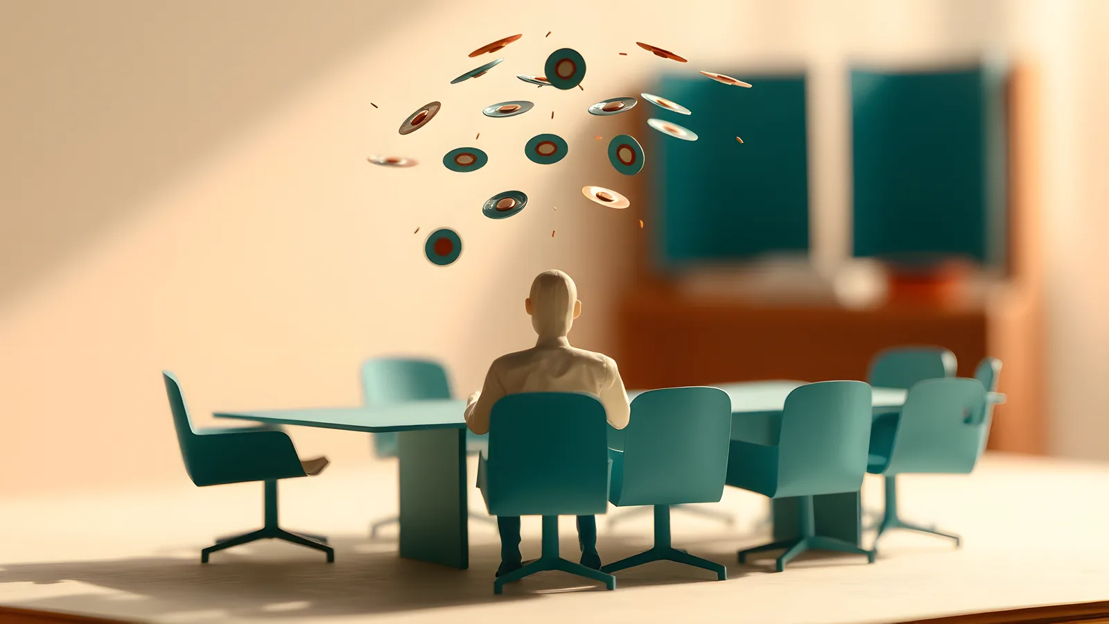 A single cream paper figure sits upright and composed at a long teal paper meeting table, seen from behind and slightly to the side so the face is not visible. The figure looks…