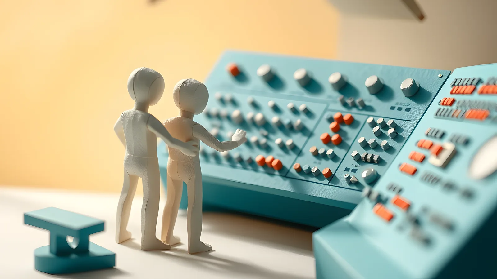 A cream paper figure stands at a large teal paper control panel covered in levers and dials, hands stretched wide to work several controls at once.
