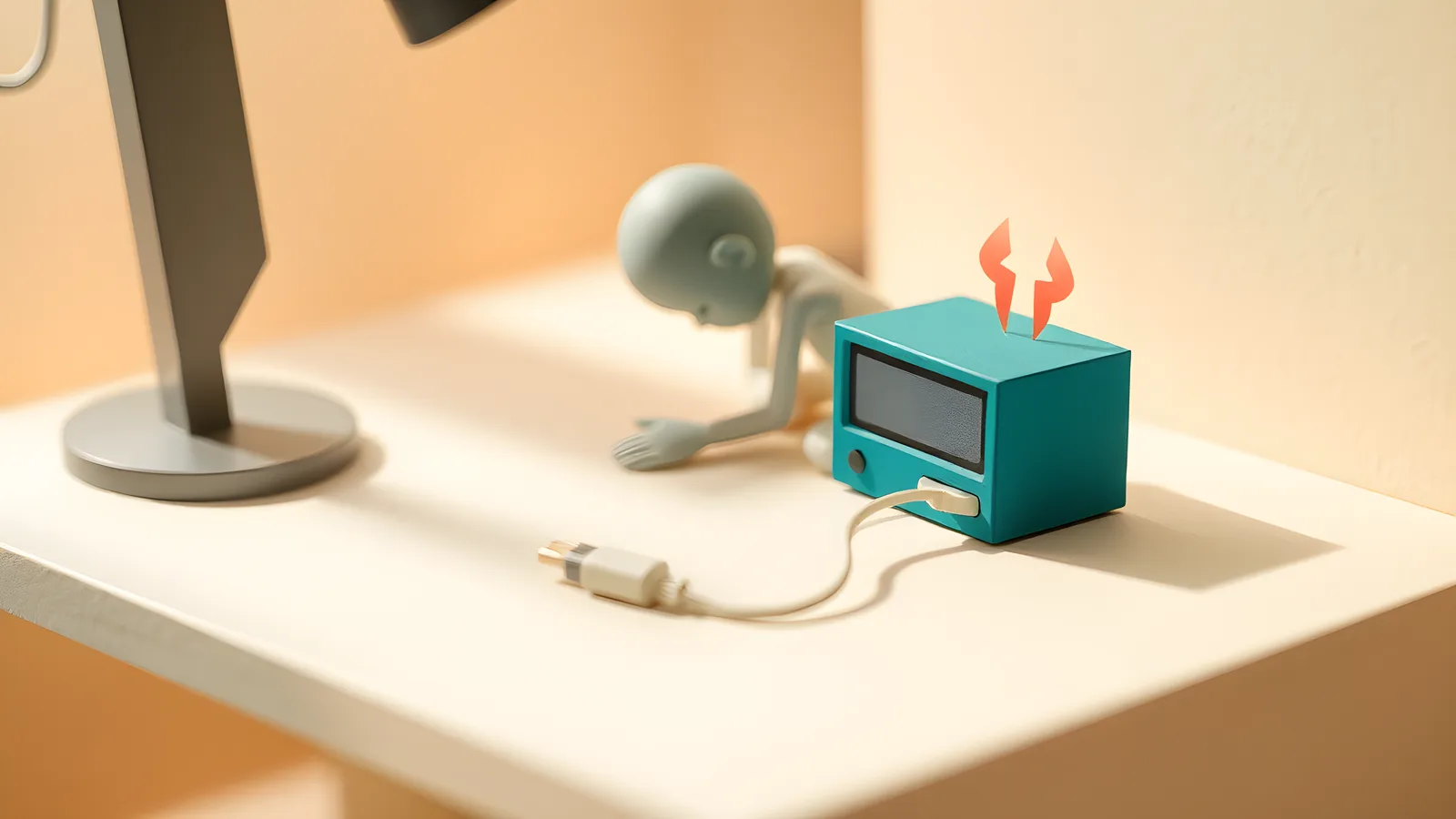 A cream paper figure slumps emptied over a desk beside a small teal paper machine giving off a coral heat shimmer, its power cord lying unplugged.