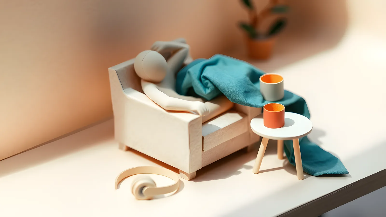 A cream paper figure curled under a folded teal paper blanket in a low armchair, a warm coral mug and headphones nearby in soft, dim light.