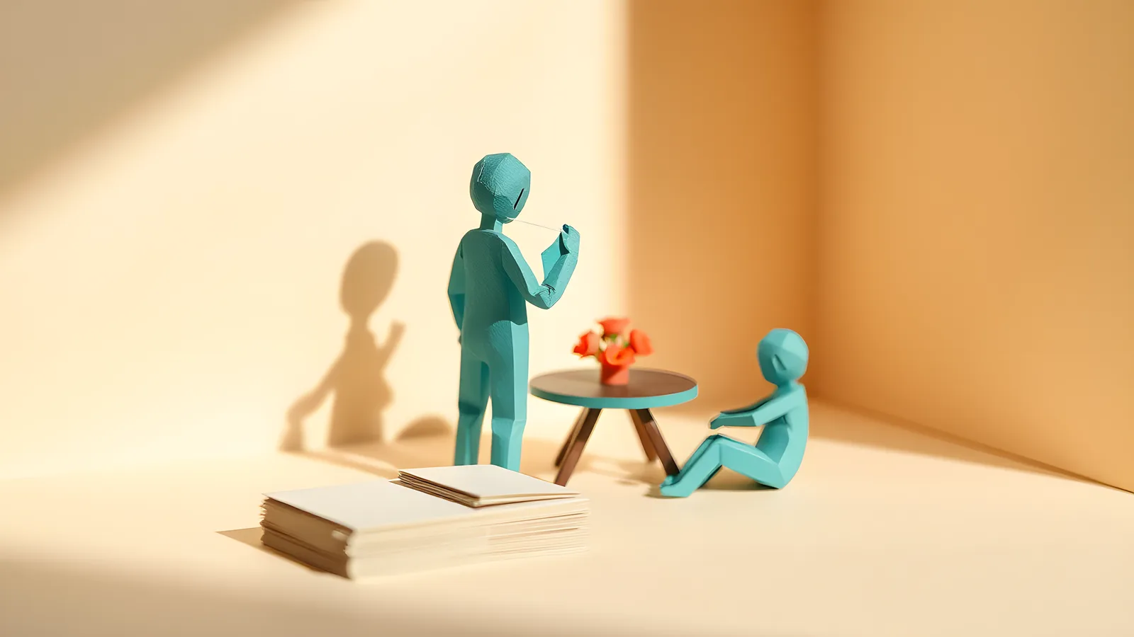A cream paper figure seen from behind lowers a small teal paper mask from its face, two sorted stacks of cards on the table and a companion figure sitting nearby.