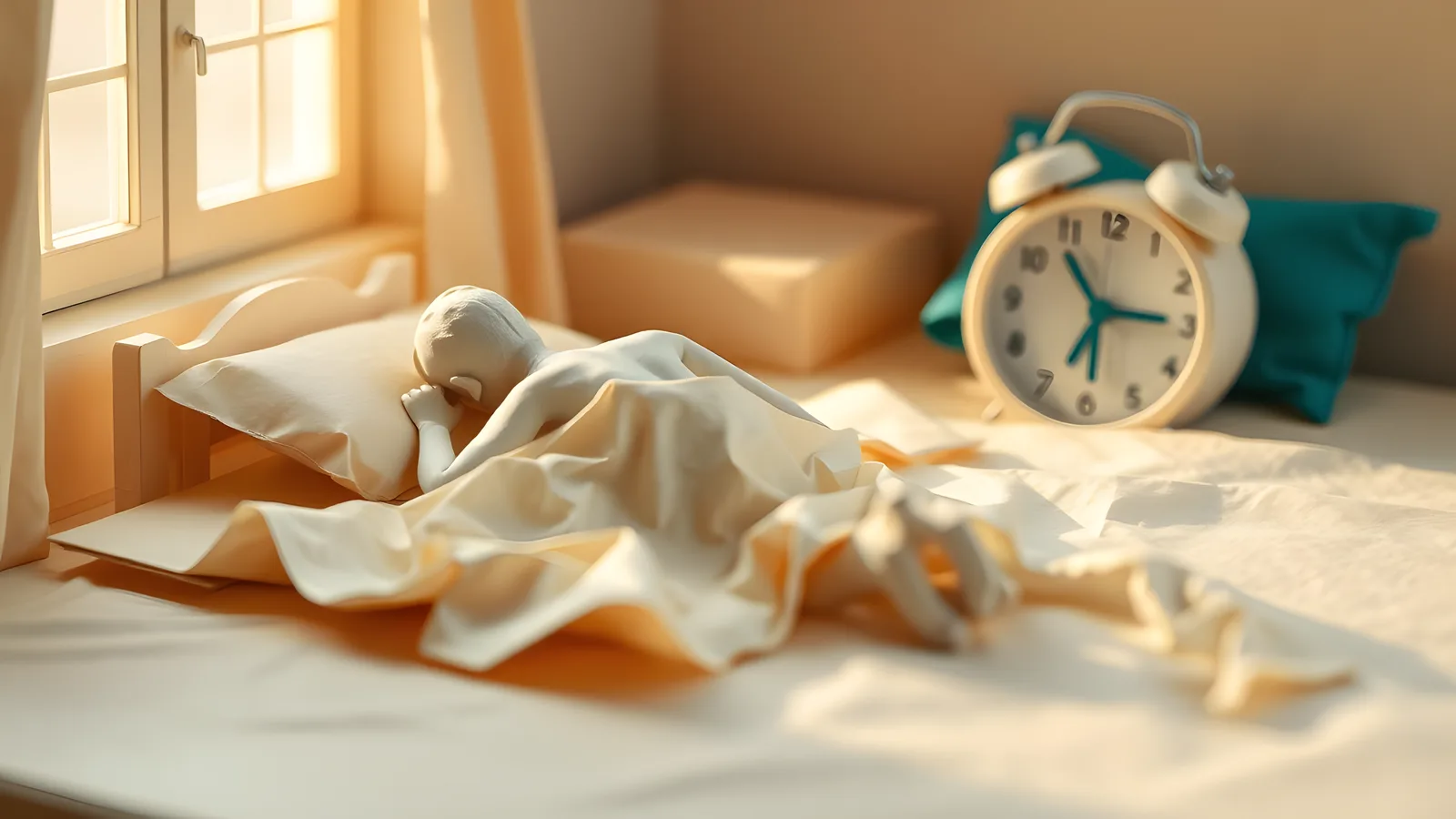 A cream paper figure lying face-down on a rumpled cream paper bed, one cream paper arm draped loosely over the edge. A cream paper alarm clock sits on the nightstand with teal…