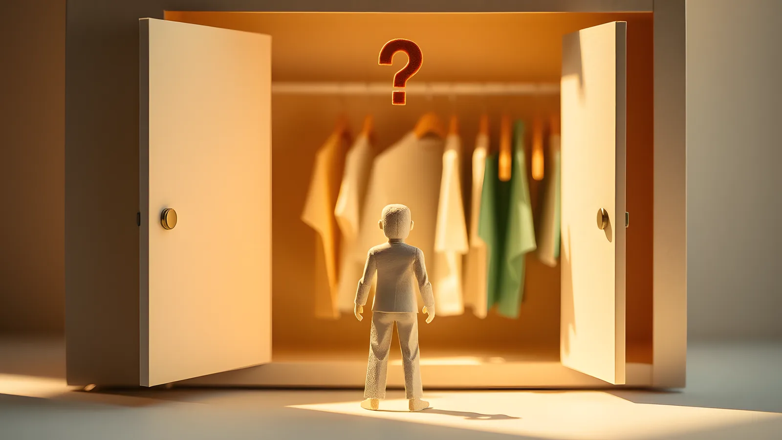 A paper figure standing motionless in front of an open paper wardrobe, rows of cream and teal shirts hanging neatly inside