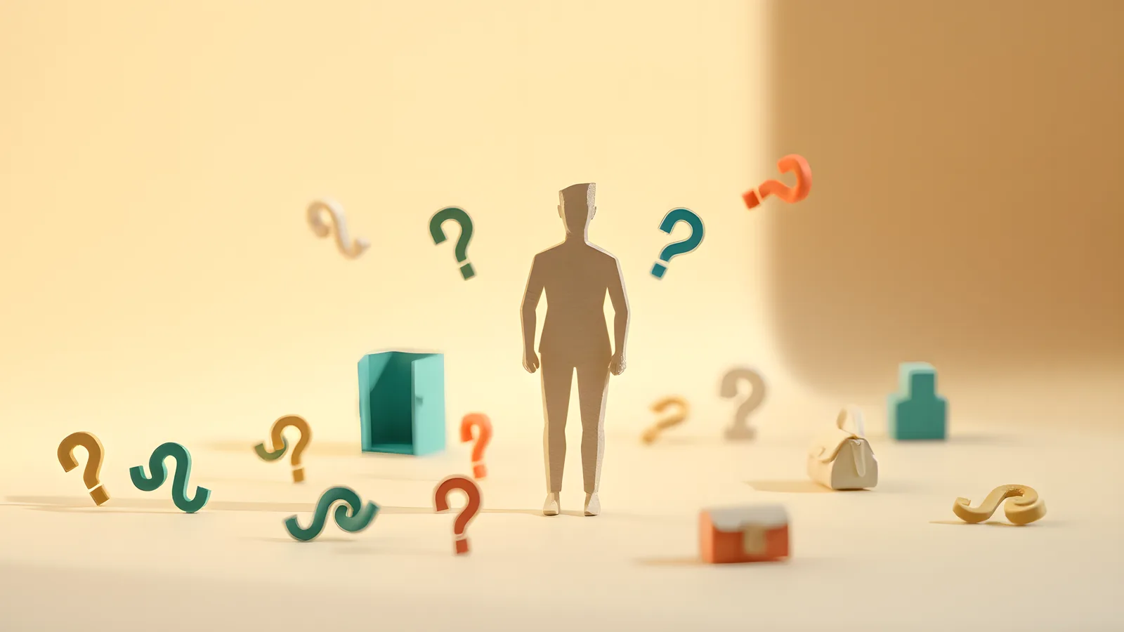 A paper figure standing in the centre of the frame surrounded by a flurry of small paper question mark shapes drifting through the air