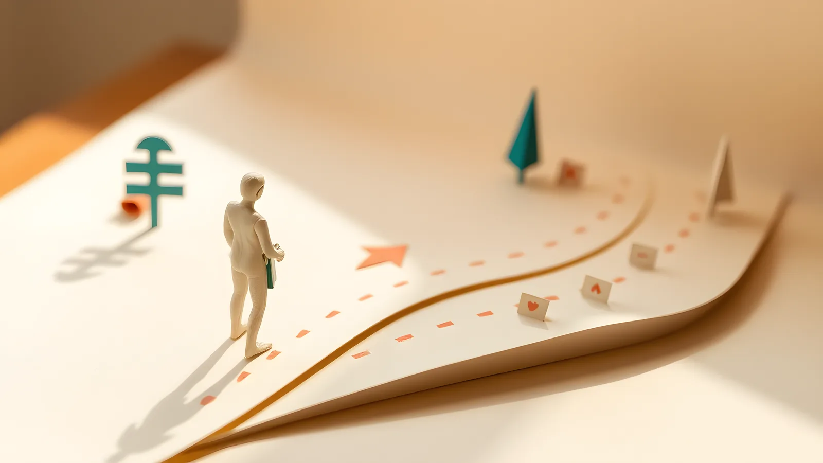 A paper figure standing at a fork in a paper path. The shorter path is marked by a coral arrow and a few tiny task tags