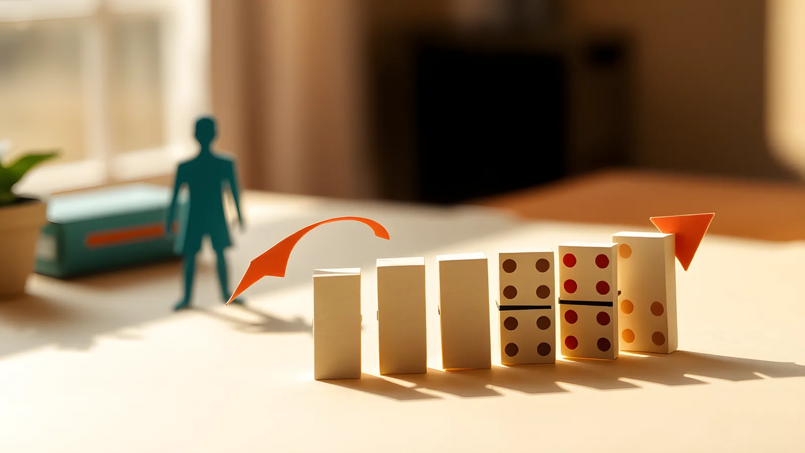 A row of paper dominoes arranged across a desk. The first one is tipping forward, starting a cascade down the line