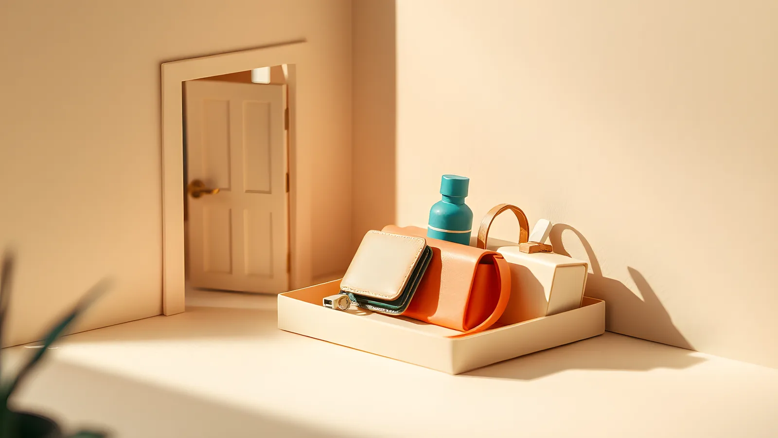 A paper entrance nook beside a paper front door. A small shelf holds a neat arrangement of keys, wallet, and a packed bag