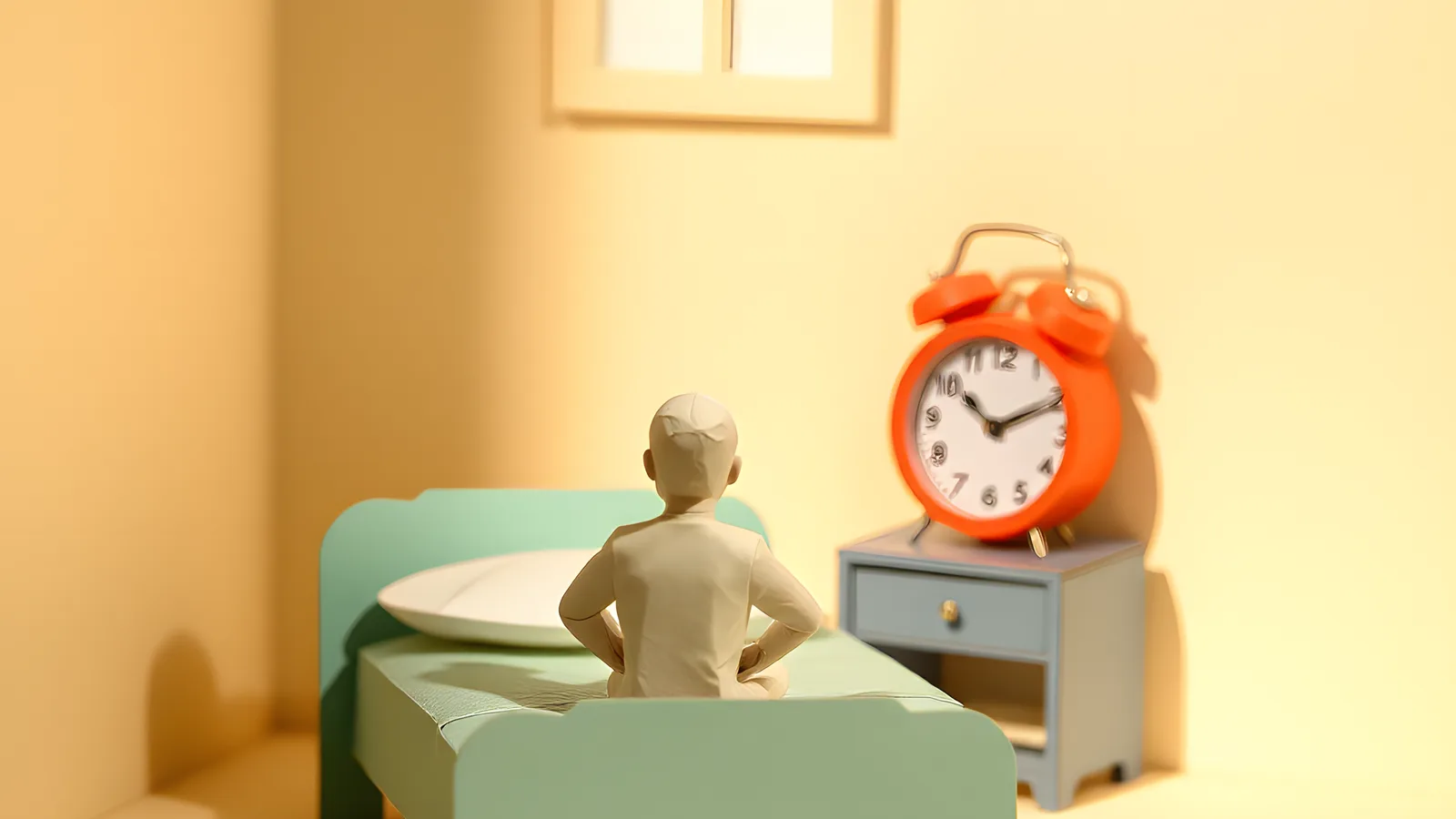 A cream paper parent figure sits slumped on the edge of a bed in early morning light, an oversized coral paper alarm clock looming on the bedside table.