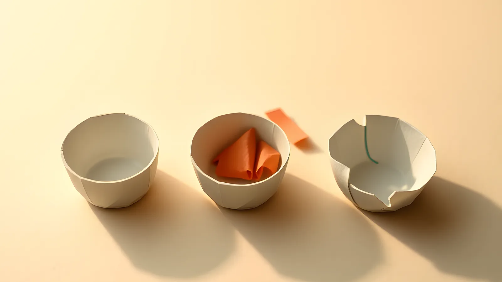 Three small cream paper bowls in a row on a cream surface: one upright and empty, one tipped with a coral fragment spilling out, one cracked along the rim with a teal seam visible.