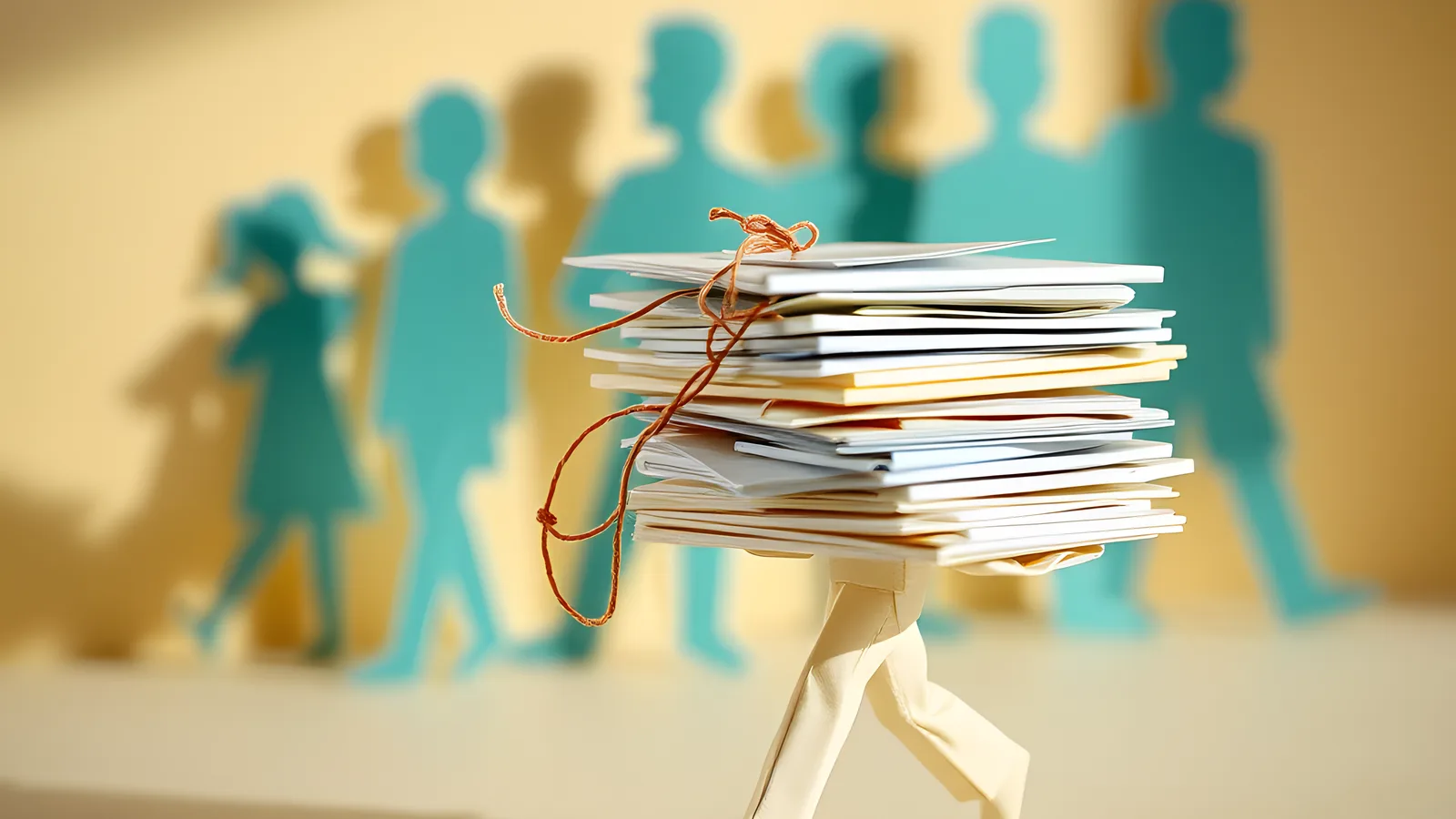 A cream paper figure walks across the frame carrying a teetering stack of school notes, appointment slips, and folders bound by coral paper threads, with teal silhouettes of unseen demands hovering behind.
