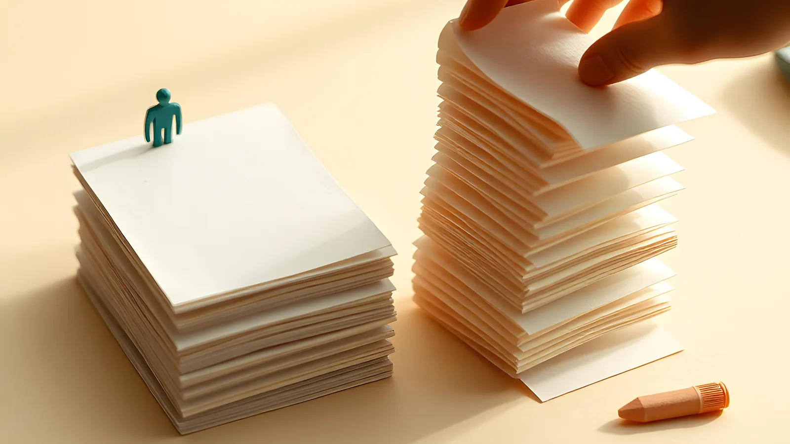 Two stacked piles of cream paper sheets on a desk seen from slightly above. The left stack is small and tidy with a teal paper weight on top. From the right stack, sheets are being pulled away by an unseen hand, drifting toward the bottom corner.