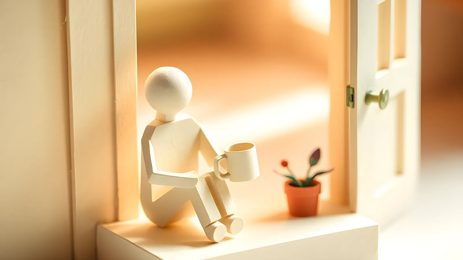 A cream paper parent figure sits alone on a small folded paper step just outside a half-open doorway, holding a tiny cream paper mug, a small coral paper potted plant beside them.