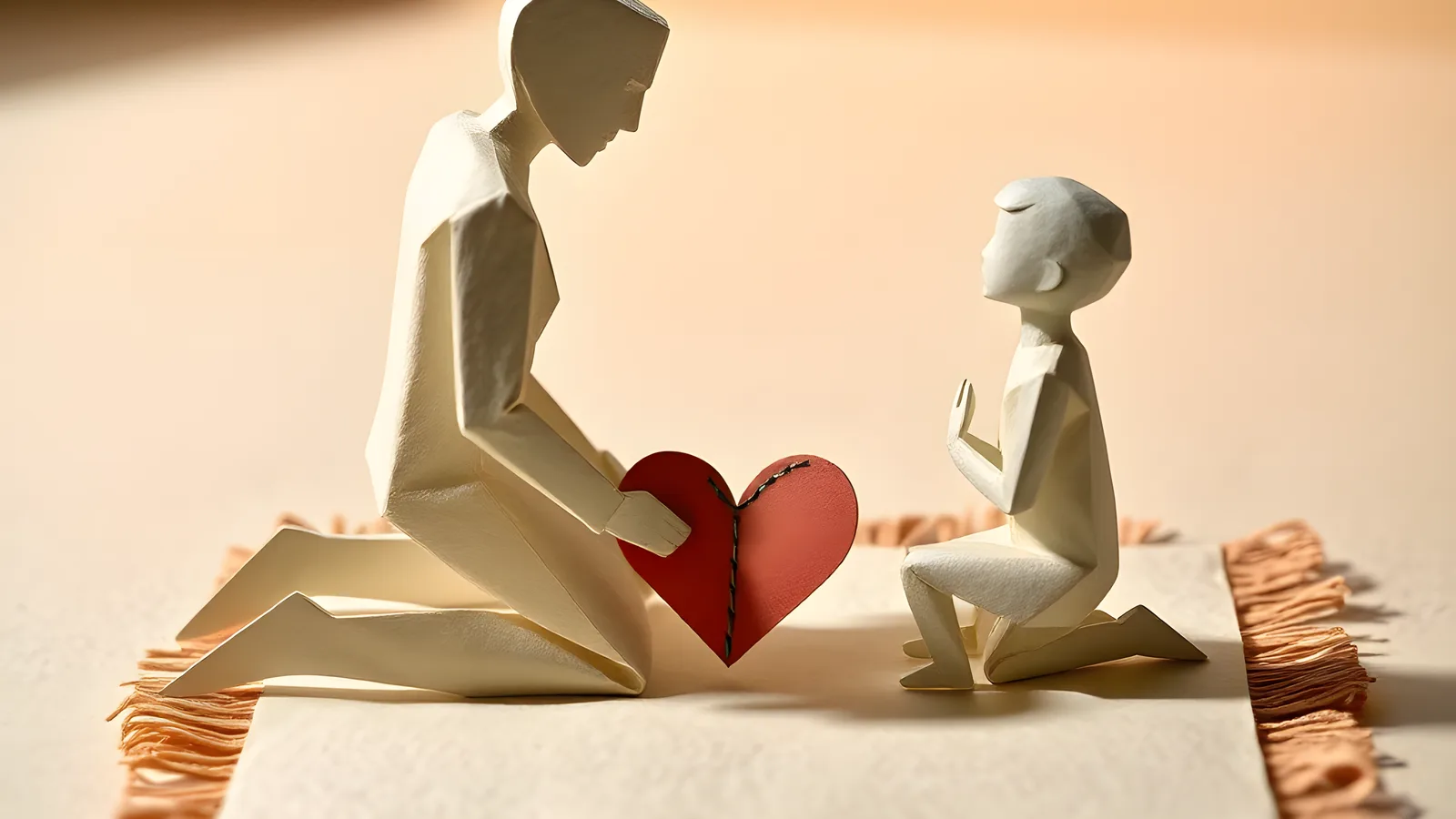 A cream paper adult and child kneel facing each other on a paper rug. The adult leans forward with one paper hand resting gently on the child's shoulder, and a muted coral paper heart stitched along one seam sits between them.