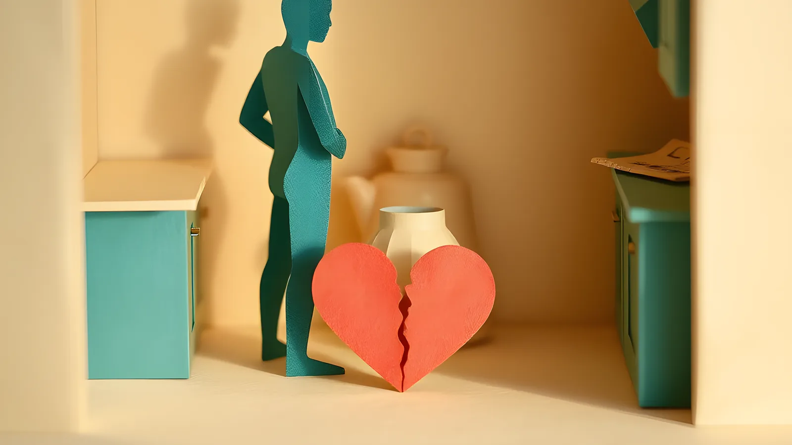 Two cream paper silhouette figures stand back to back in a small folded paper kitchen, shoulders tense, a short gap between them. On the bench beside them sits a small cream…