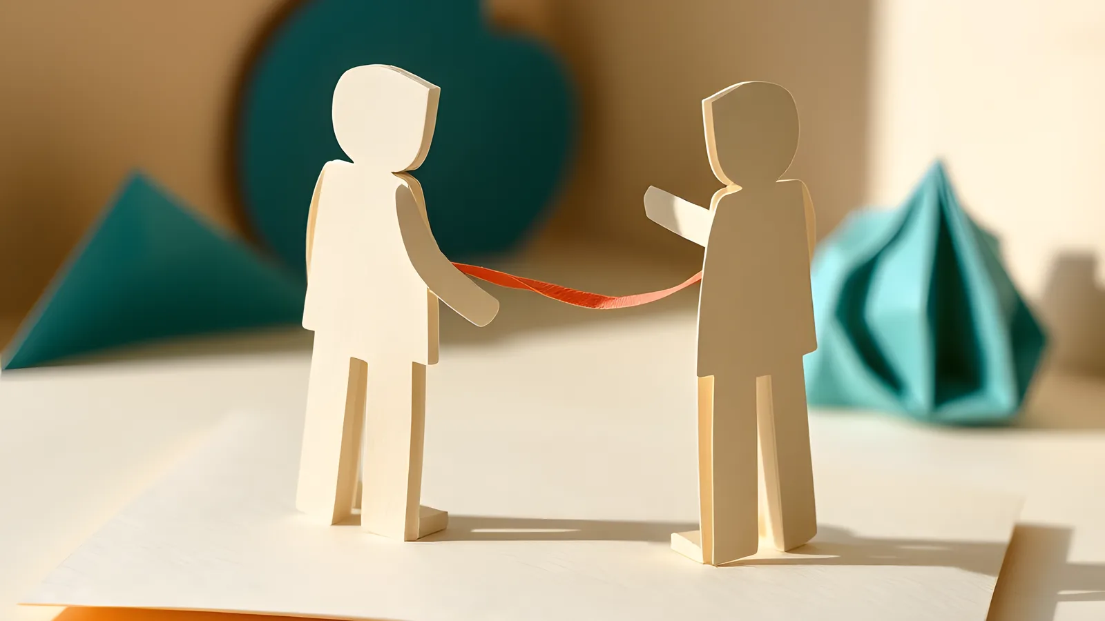 Two paper figures turned slightly away from each other, a coral paper ribbon between them frayed into three separate thinning strands.