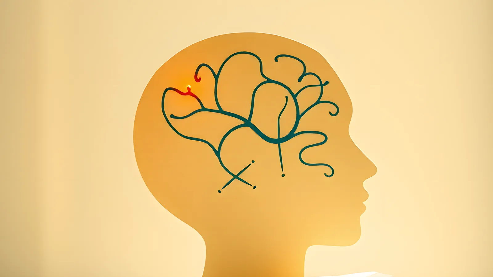 A paper head in profile with teal paper neural pathways inside and a small coral paper spark fading at the front.