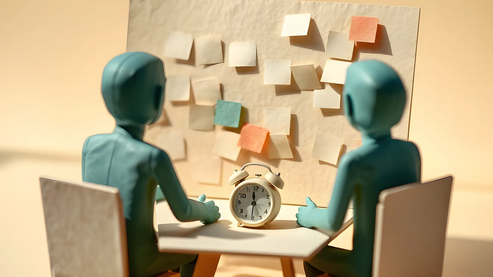Two paper figures sitting side by side, facing a board covered in small paper task cards, with a paper alarm clock beside them.