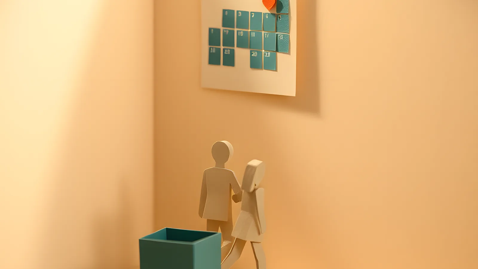 A paper wall calendar marked with a small coral paper heart, with two paper figures walking together beneath it.