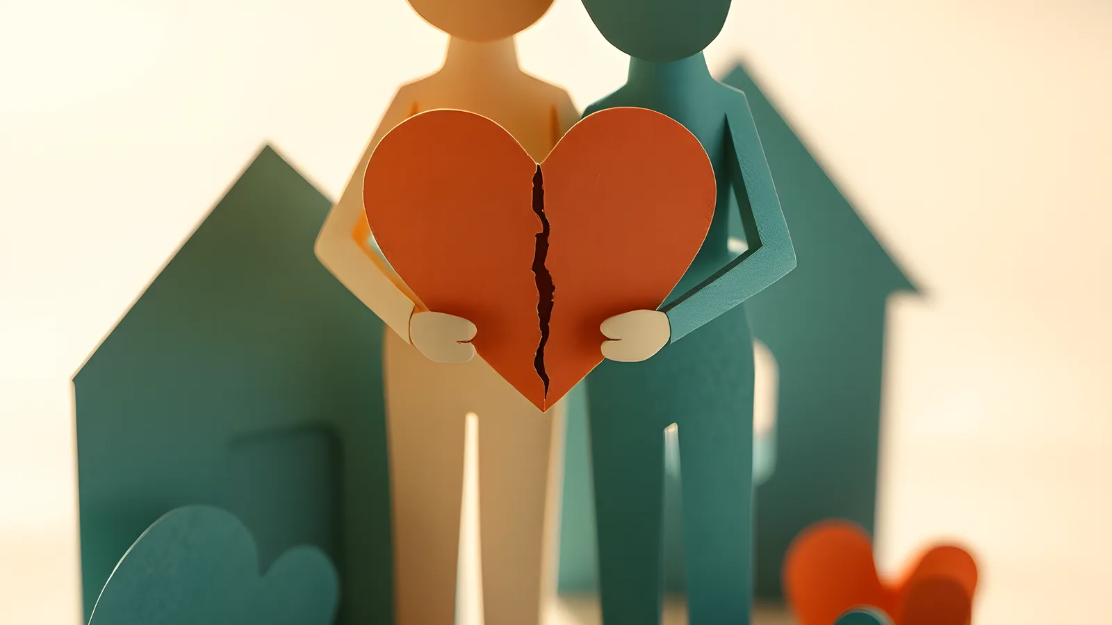Two paper figures holding a single coral paper heart between them, mended down the middle, with paper houses behind them.