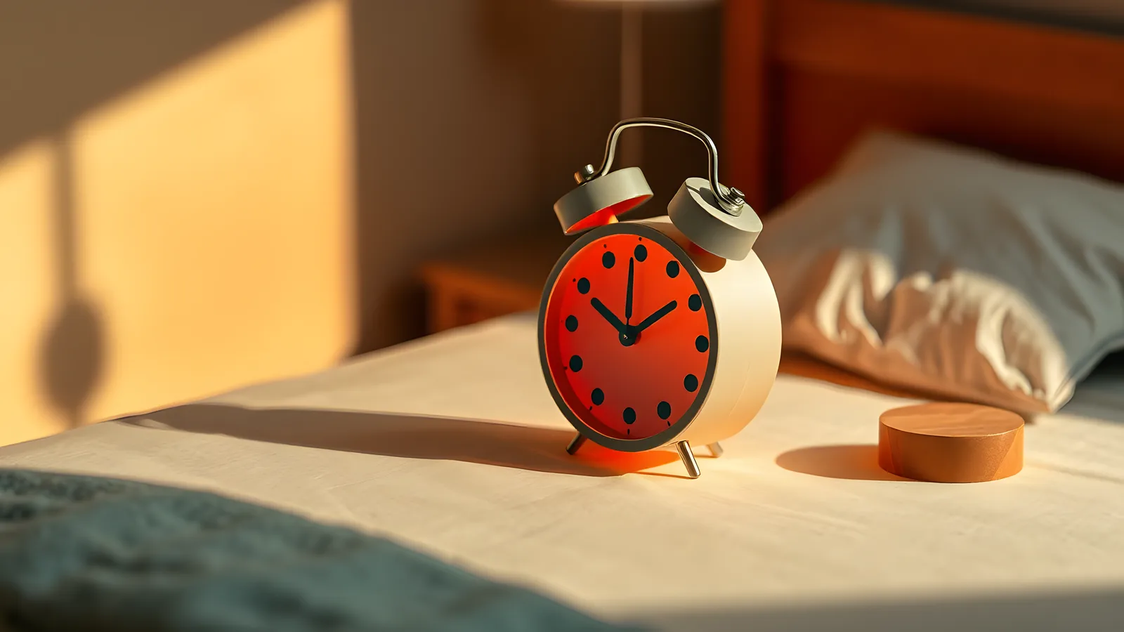 A cream paper bedside table in dim warm light. On top, a cream paper alarm clock with teal paper hands angled to suggest a very late hour. Soft coral paper glow spills from…